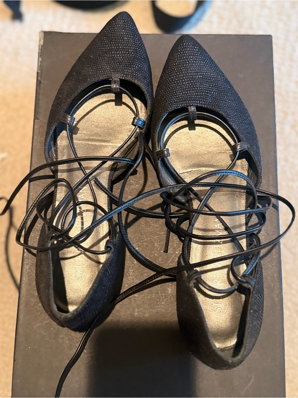 Stuart Weitzman Black Pointed Lace-Up Flats